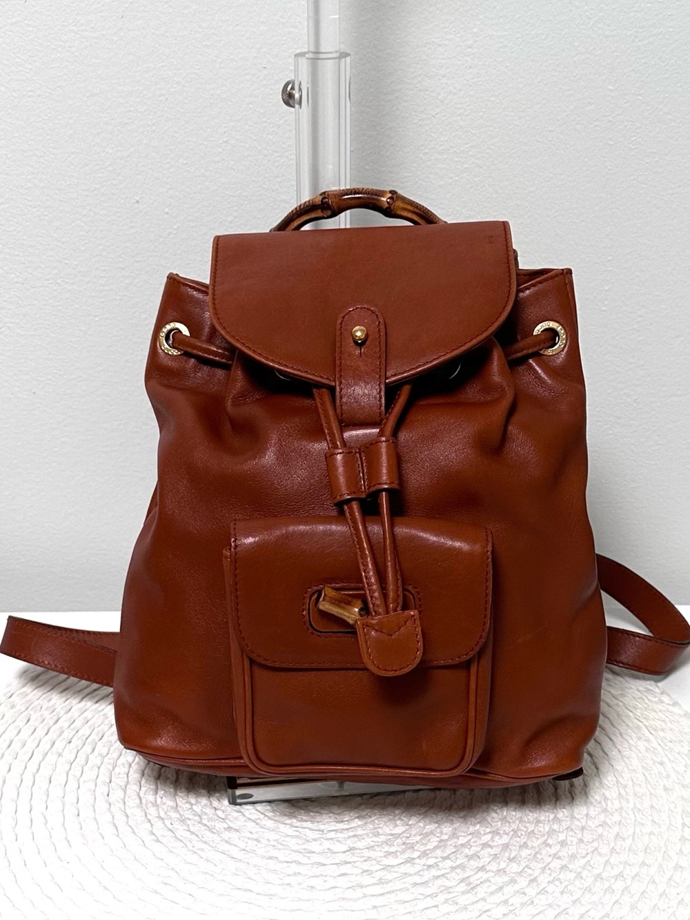 Authentic Gucci Drawstring Mini Bamboo Brown Leather Backpack with Gucci Dustbag